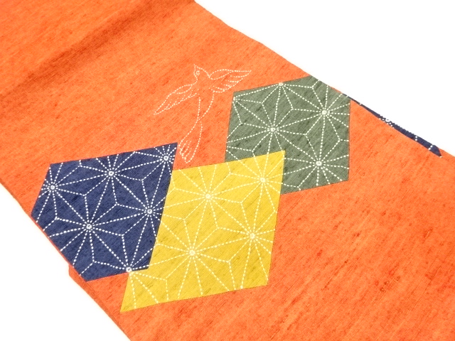 リサイクル　手織り紬刺し子切り嵌め菱に鳥・麻の葉模様名古屋帯